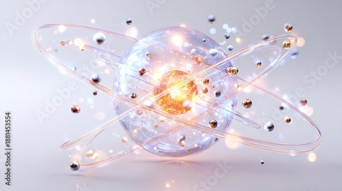 Atomic Structure Model with Glowing Electrons and Nucleus – Quantum Physics Concept