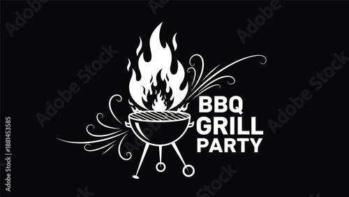 Stylish white BBQ grill party logo with bold flames and decorative swirls on a solid black background.
