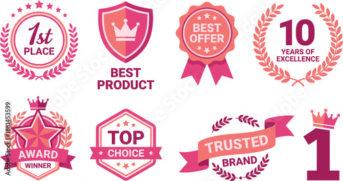 Collection of award badges and ribbons for excellence and quality