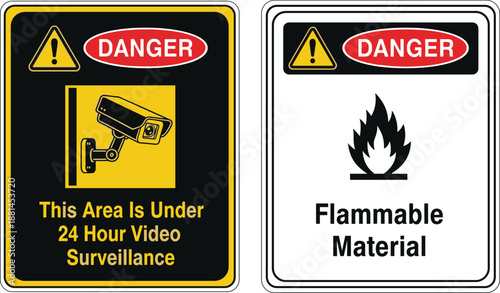 Danger warning signs collection with surveillance camera and flammable material symbols, industrial safety signage, hazard alert vector illustration set