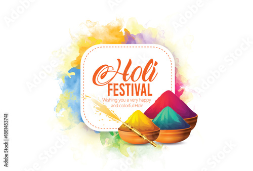 Holi festival scene featuring bowls of colored powder in pink, blue, and purple with watercolor accents. Joyful, energetic mood perfect for celebrations, color, unity, and cultural tradition imagery.