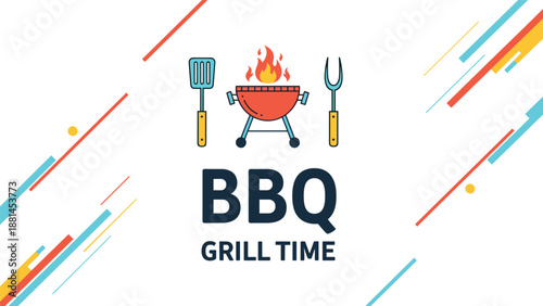 Colorful BBQ grill time promotion banner featuring a grill, spatula, and fork with diagonal geometric lines.