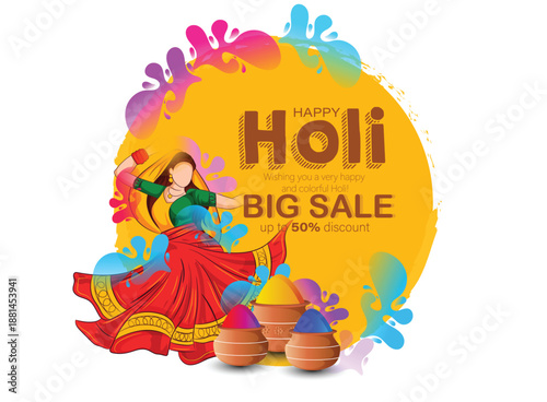 Holi festival scene featuring bowls of colored powder in pink, blue, and purple with watercolor accents. Joyful, energetic mood perfect for celebrations, color, unity, and cultural tradition imagery.