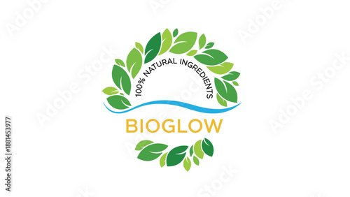 BioGlow brand logo featuring a circular wreath of green leaves and natural ingredients text for organic and eco-friendly products.