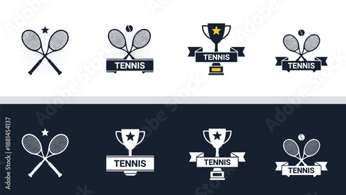Set of various tennis club logo designs featuring rackets, balls, trophies, and ribbons in dark blue and white color schemes.