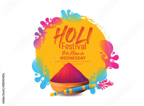 Holi festival scene featuring bowls of colored powder in pink, blue, and purple with watercolor accents. Joyful, energetic mood perfect for celebrations, color, unity, and cultural tradition imagery.