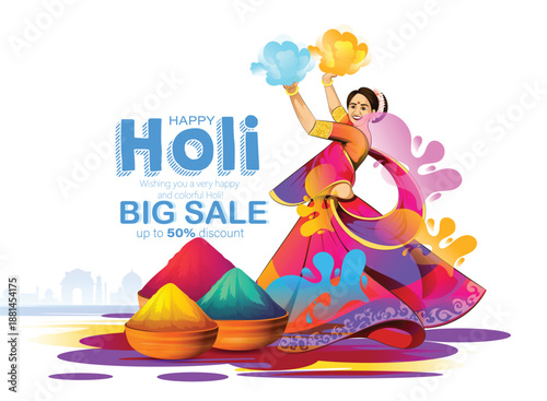 Holi festival scene featuring bowls of colored powder in pink, blue, and purple with watercolor accents. Joyful, energetic mood perfect for celebrations, color, unity, and cultural tradition imagery.