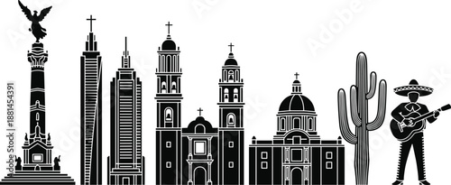 Mexico city landmarks skyline silhouettes with historic monuments cathedral cactus mariachi, traditional Mexican culture architecture black vector illustration