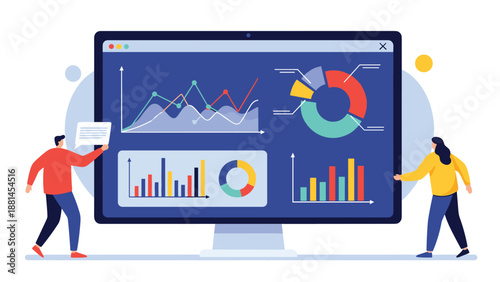 Two people analyzing business data and statistics on a large computer screen with various charts, graphs, and infographics.