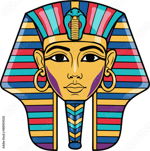 Vibrant colorful Egyptian pharaoh mask with striped headdress cobra uraeus and gold earrings