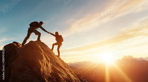 Man helping woman climb up steep rock reaching for support during mountain hike at sunset with warm sunlight glow