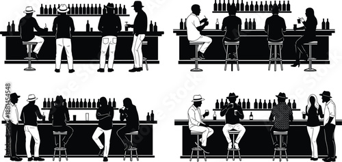 People silhouettes drinking at bar counter, social nightlife scene, friends gathering in pub, black and white vector illustration