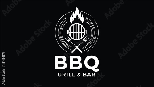 Professional logo for a BBQ grill and bar featuring a circular design with a grill, fire, and utensils on a black background.