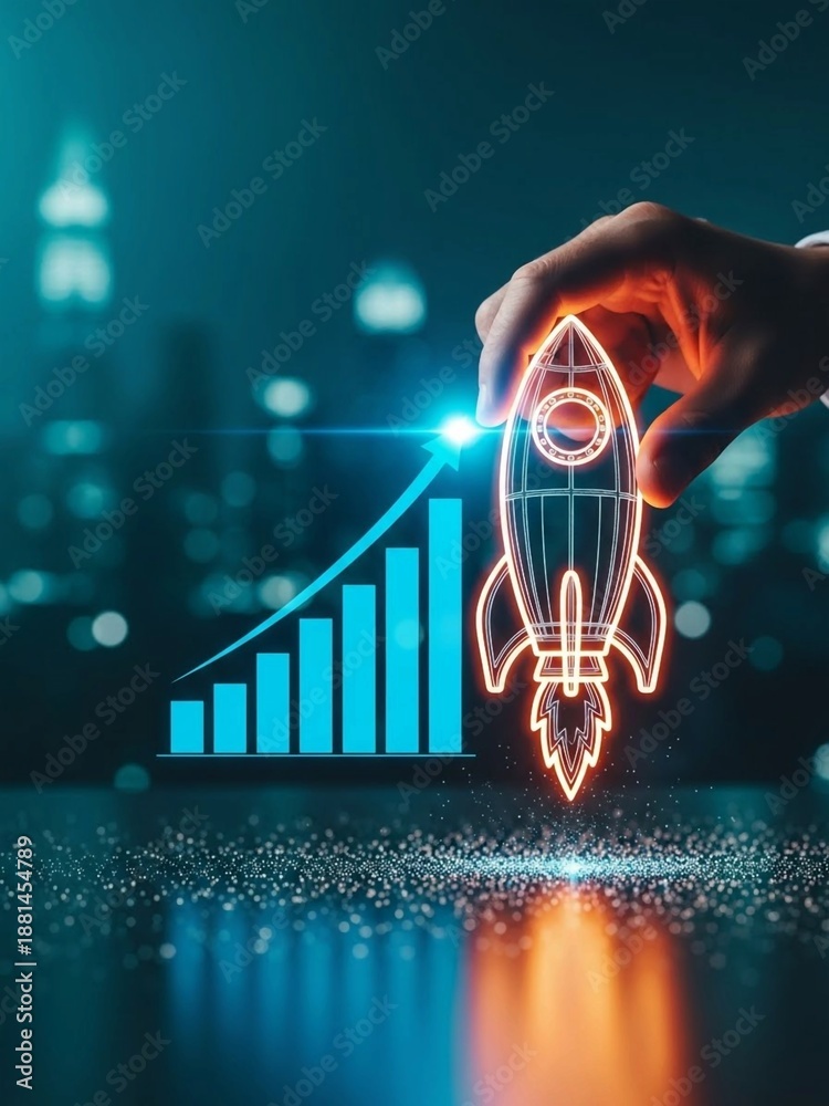 Fototapeta premium Hand launching glowing rocket next to rising financial growth bar chart