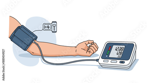Illustration of an automatic blood pressure monitor cuff on a person's arm showing the digital display screen readings.