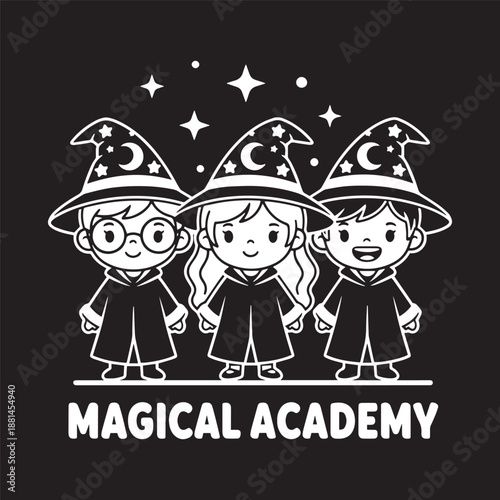 Three cute cartoon wizard children in hats for a magical academy school theme vector illustration.