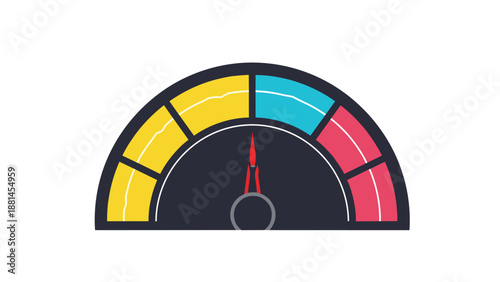 Simple illustration of a performance gauge or speedometer with yellow, blue, and red zones for measuring speed or progress.