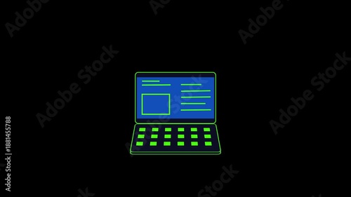 Mobile into a green laptop computer Animated on black background with blue screen and keyboard.4k video motion graphic animation