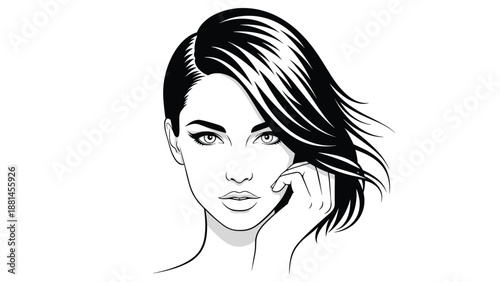 Minimalist black and white line art of a beautiful woman with long wavy hair and her hand gently resting on her cheek in a pensive pose.