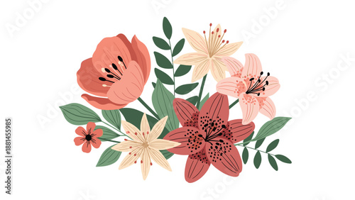 Beautiful floral bouquet of vibrant pink and red lilies with green leaves and a large tulip presented in a soft artistic illustration style.