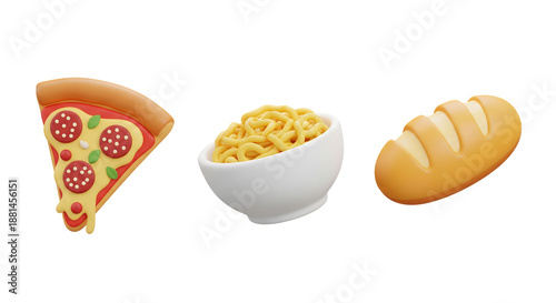 3D icon set for food and cuisine: pizza, pasta, and bread, isolated on transparent background