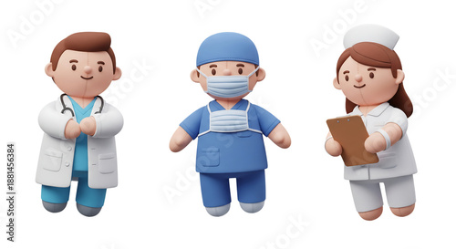 3D icon set for healthcare and medicine: doctor, surgeon, and nurse, isolated on transparent background