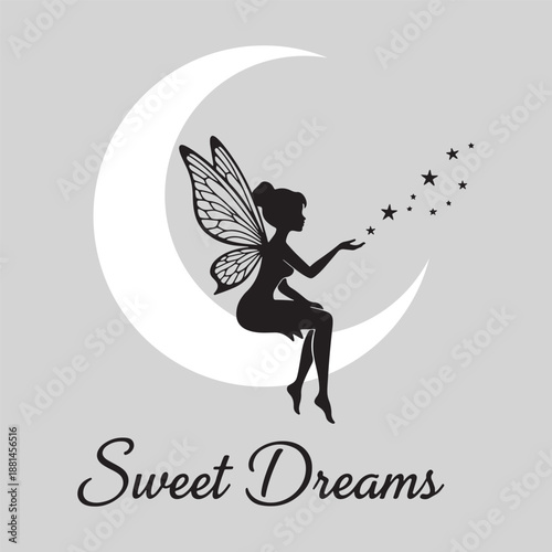 Silhouette of a fairy sitting on a crescent moon blowing stars for Sweet Dreams vector illustration.