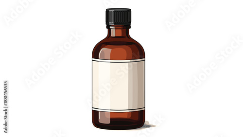 Classic brown glass bottle with a black cap and a blank white label, ideal for showcasing pharmaceutical or cosmetic products.