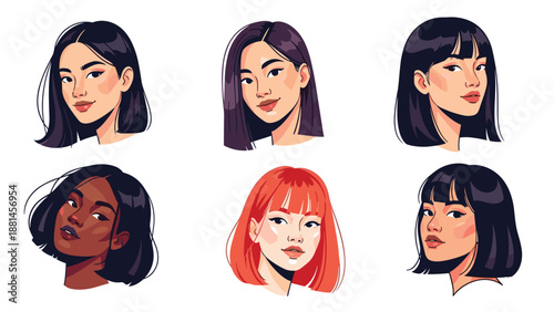 Six vibrant pixel art portraits of diverse women showcasing different skin tones and trendy hairstyles.