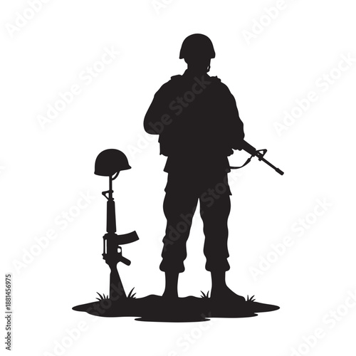 Silhouette of a soldier standing with a rifle next to a fallen comrade's grave vector illustration.