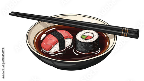 Delicious sushi nigiri and maki roll immersed in a bowl of soy sauce, accompanied by chopsticks, ready to eat.