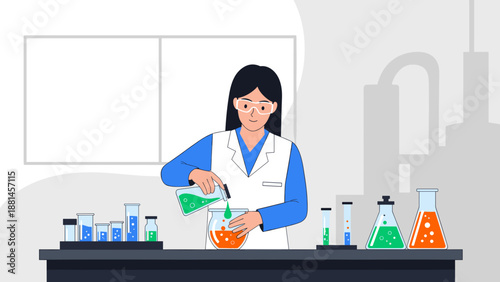 Female scientist conducting experiment in modern laboratory illustration