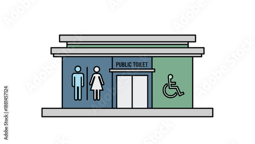Public toilet building with clear signage for male, female, and disabled access, emphasizing inclusivity and accessibility.