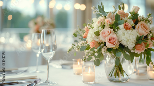 Elegant wedding table centerpiece with pink rose and white hydrangea bouquet, glass vase, candles, and wine glasses creating romantic atmosphere
