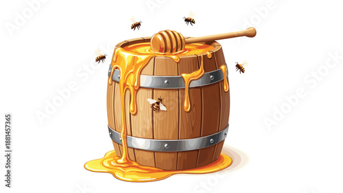 Rustic wooden barrel overflowing with golden honey, featuring a honey dipper and busy bees, symbolizing natural sweetness.