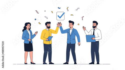 Teamwork achievement, success celebration, high five, confetti, business goals completed