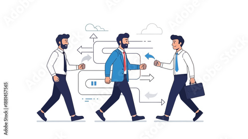 Teamwork and business strategy, people walking on a path with arrows