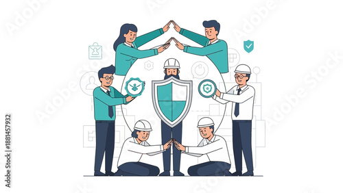 Teamwork protection shield concept, business safety, security collaboration, people building shelter