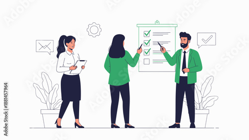 Teamwork strategy meeting, planning business goals with checklist and presentation