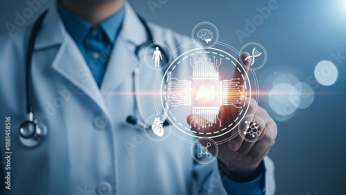 Doctor touching virtual AI interface with medical icons for digital healthcare and innovation