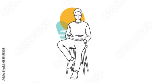 Line art drawing of a man sitting on a wooden stool wearing a protective face mask against a sun and wave background.