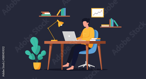 Illustration of a person working remotely on a laptop at a wooden desk in a cozy home office setup with plants and shelves.
