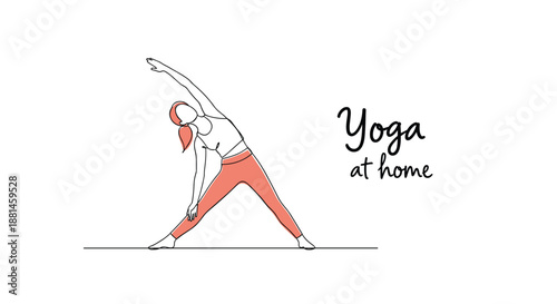 Woman performing a triangle yoga pose at home with a minimalist line art style and soft colors promoting health wellness and exercise.