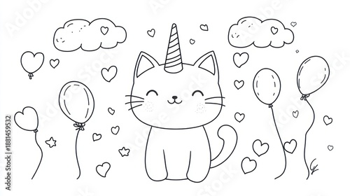 Cute cartoon unicorn cat with balloons and hearts, coloring page
