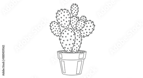 Prickly pear cactus with many pads growing in a patterned pot depicted in a detailed black and white sketch for desert plant lovers.