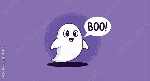 Adorable white cartoon ghost saying boo in a speech bubble on a purple background for fun halloween invitations and graphic design.