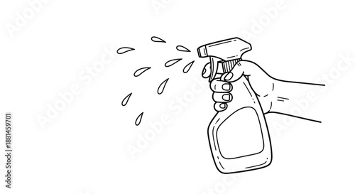 Simple line art of a hand using a spray bottle to dispense liquid droplets for cleaning sanitizing or watering plants efficiently.