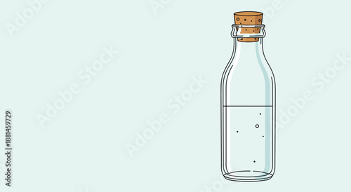 Clear glass bottle filled with liquid and sealed with a cork stopper against a light blue background for beverage and lab themes.