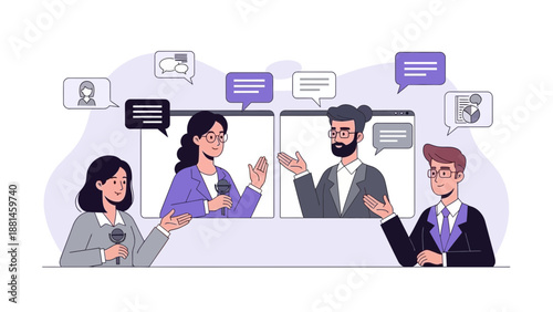 Diverse professionals in virtual meeting, discussing ideas, communication concept