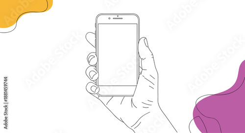 Minimalist line drawing of a human hand holding a modern smartphone with a blank white screen for your design.